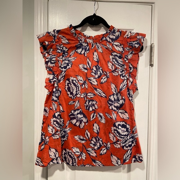 NWT C&C California Size M Blue Floral Ruffle Collar Short Sleeve Lightweight Top - Picture 1 of 10